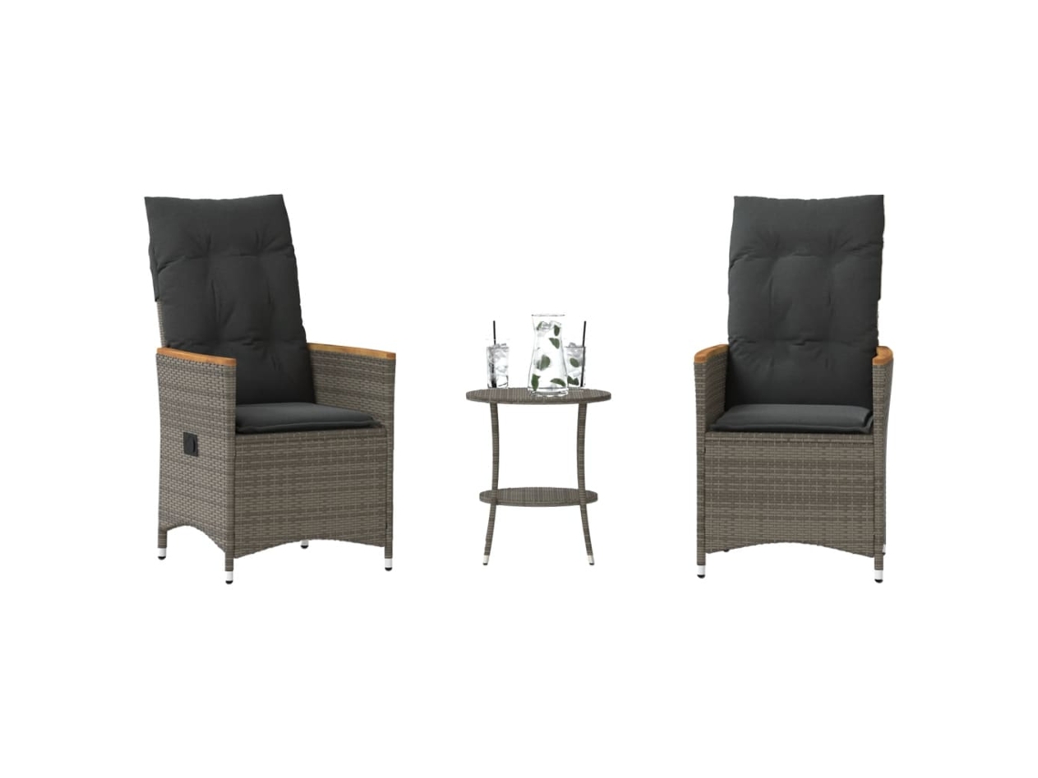 Conjunto de bistró de 3 piezas con cojines de mimbre gris, Dkd Home Decor