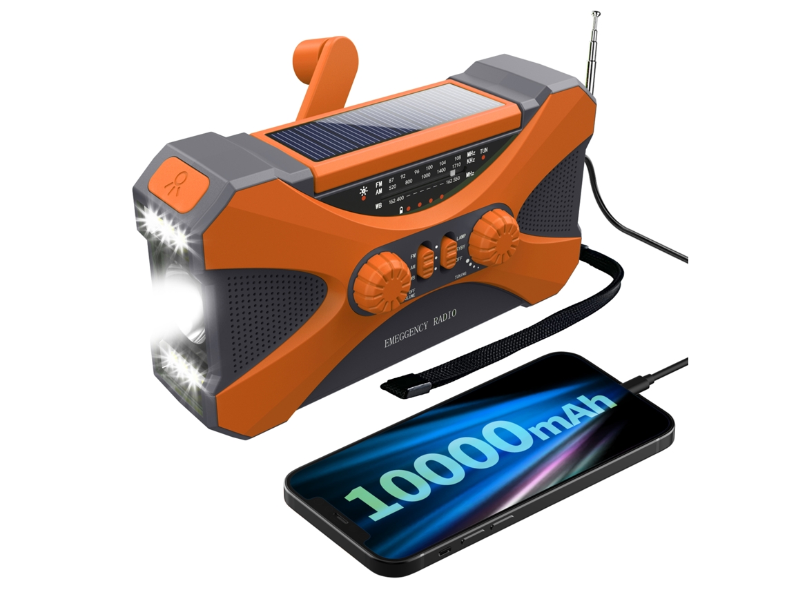 Radio de emergencia portátil AM/FM/NOAA con linterna LED, cargador de celular, energía solar, manivela y batería de 10000 mAh. Viewleaf