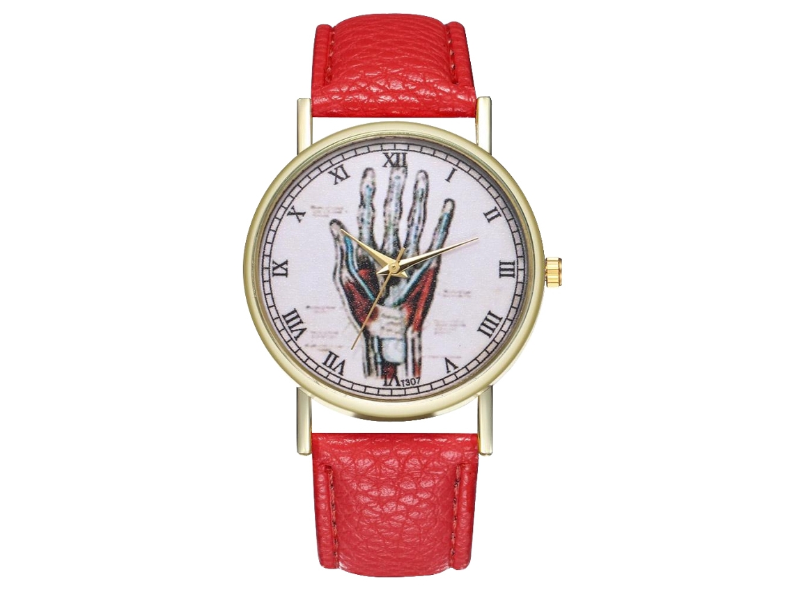 Reloj Unisex Informal De Cuarzo Con Correa De Piel Sintética Y Esfera Redonda Roja.