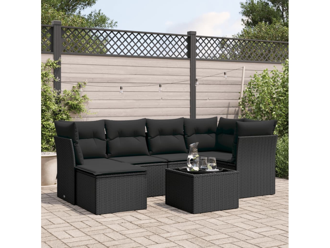Conjunto de sofá de jardín de 7 piezas con cojines, ratán negro, Dkd Home Decor