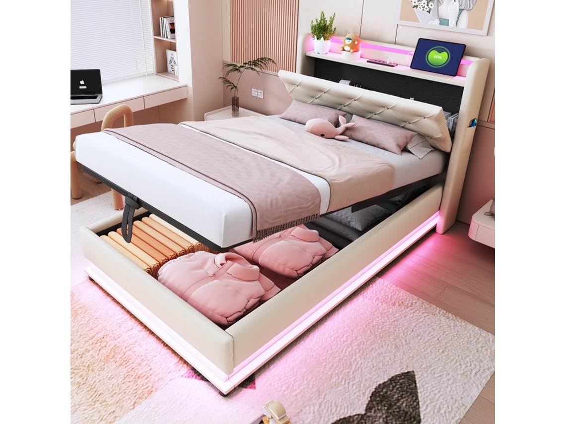 Cama Infantil De 90x200 Cm Con Led Multicolor, Usb, Cabecero Ajustable Y Almacenamiento Hidráulico, Ropa De Cama Beige.