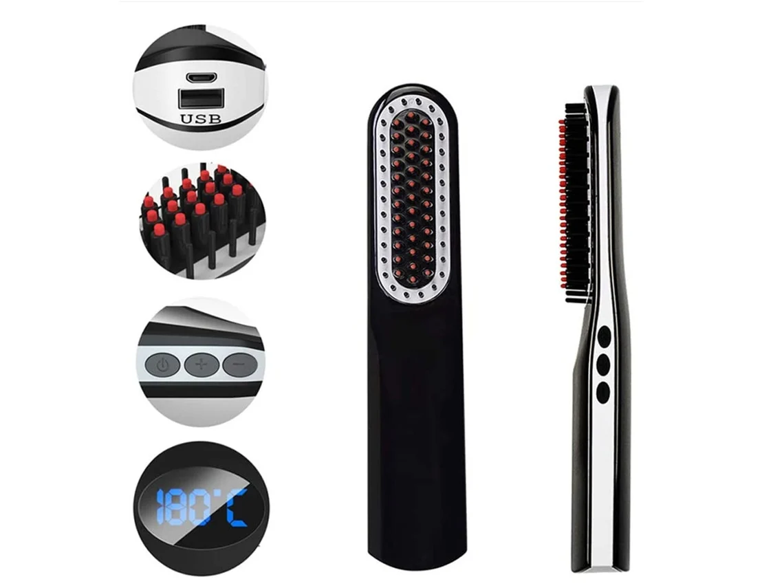 Alisador de Barba Rápido Masculino Sem Fio Pente Estilo de Cabelo Lcd Multifuncional Sem Fio Carregamento Usb Escova de Alisamento de Cabelo