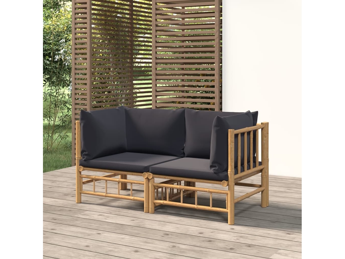 Sofás De Esquina De Jardín | Sofá De Exterior 2 Uds Bambú Con Cojines Gris Oscuro Wsd593498