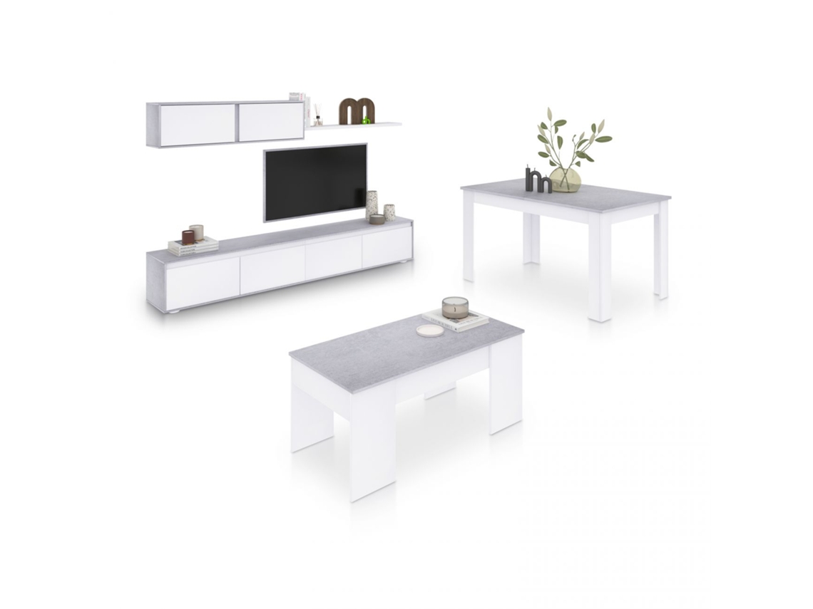 Pack salón con mesa de centro y mesa de comedor Arlet Max V2B Blanco Artik (Blanco Mate) - Gris Cemento 200 x 43 x 41 cm