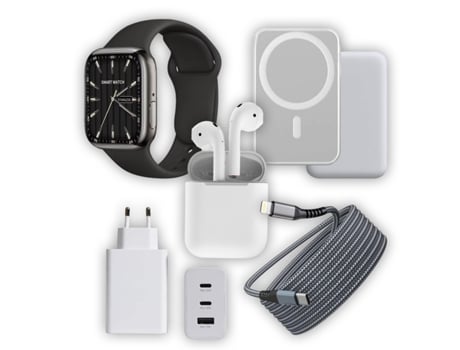 Smartwatch T500 Plus Negro + Cargador Rápido Universal 65W + Auriculares Bluetooth + Magsafe 5.000 Mah + Cable Lightning Tipo C Rápido 2 M KLACK