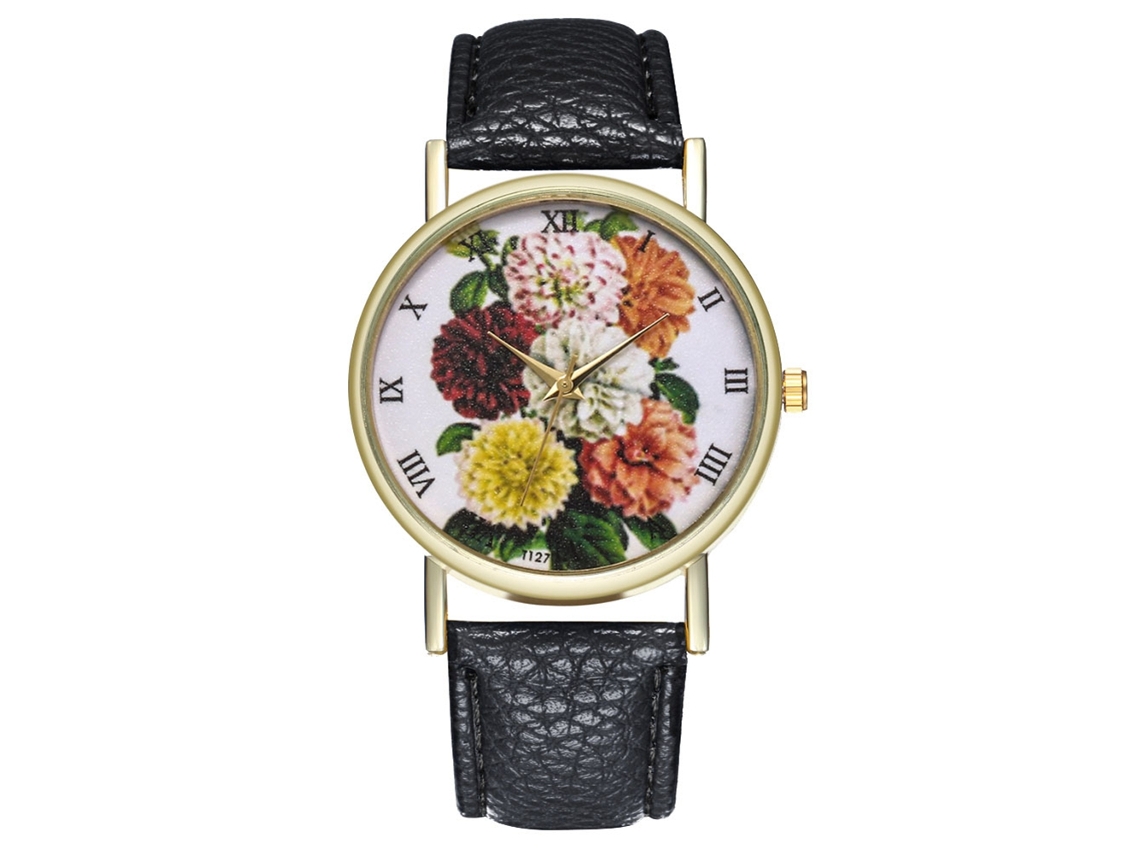 Reloj De Pulsera Analógico De Cuarzo Para Mujer Con Correa De Piel Sintética Con Estampado Floral (negro)