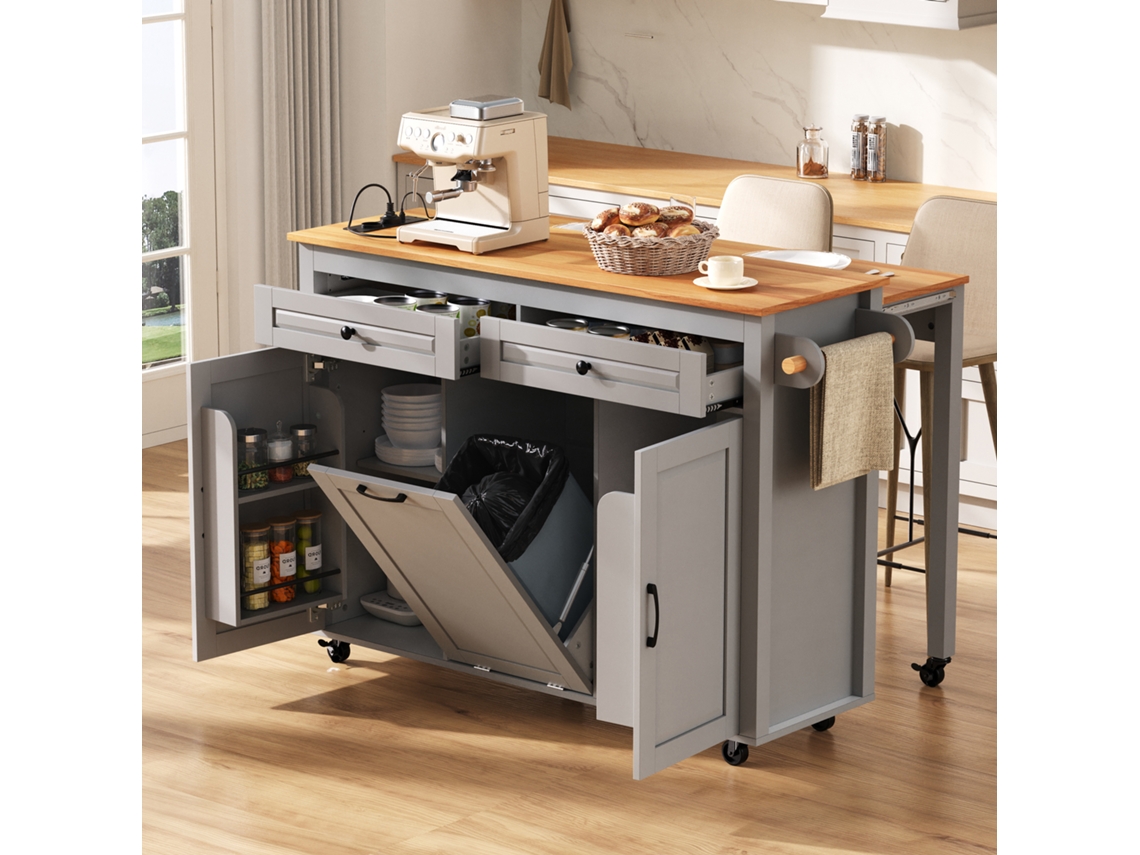 Isla de cocina con ruedas, isla de cocina extensible para comedor con encimera y compartimento para portarrollos, isla de cocina con reglas Zkaka