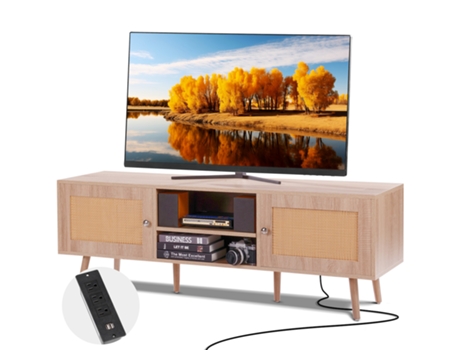Soporte de TV VEVOR Rattan para TV Boho de 65 Pulgadas con Enchufe Incorporado en Roble