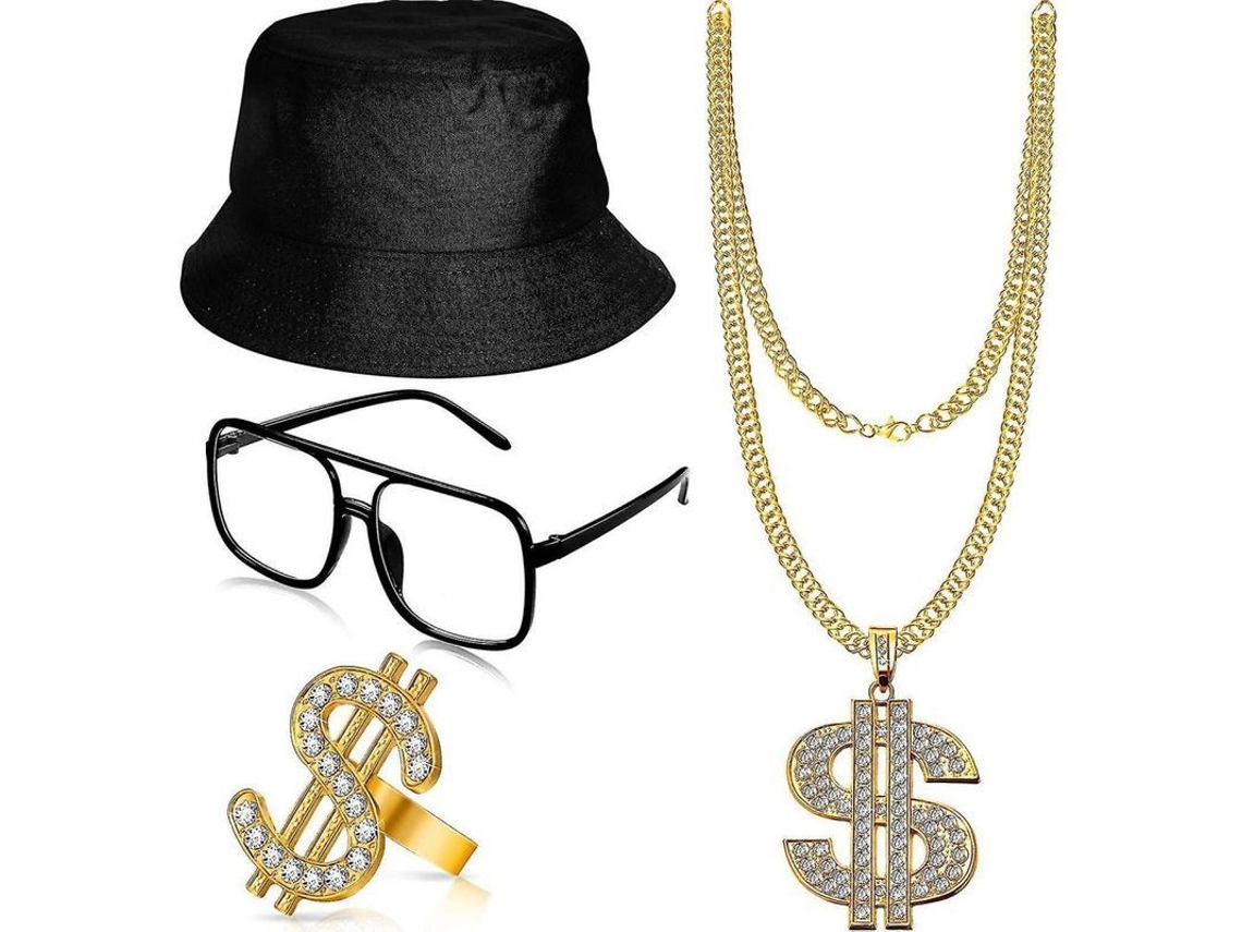 2026-kit De Ropa Hip Hop Con Gorra Bucket, Gafas, Cadena Dorada Y Anillo, Accesorios De Rapero 80s/90s (set De 4) Mvu