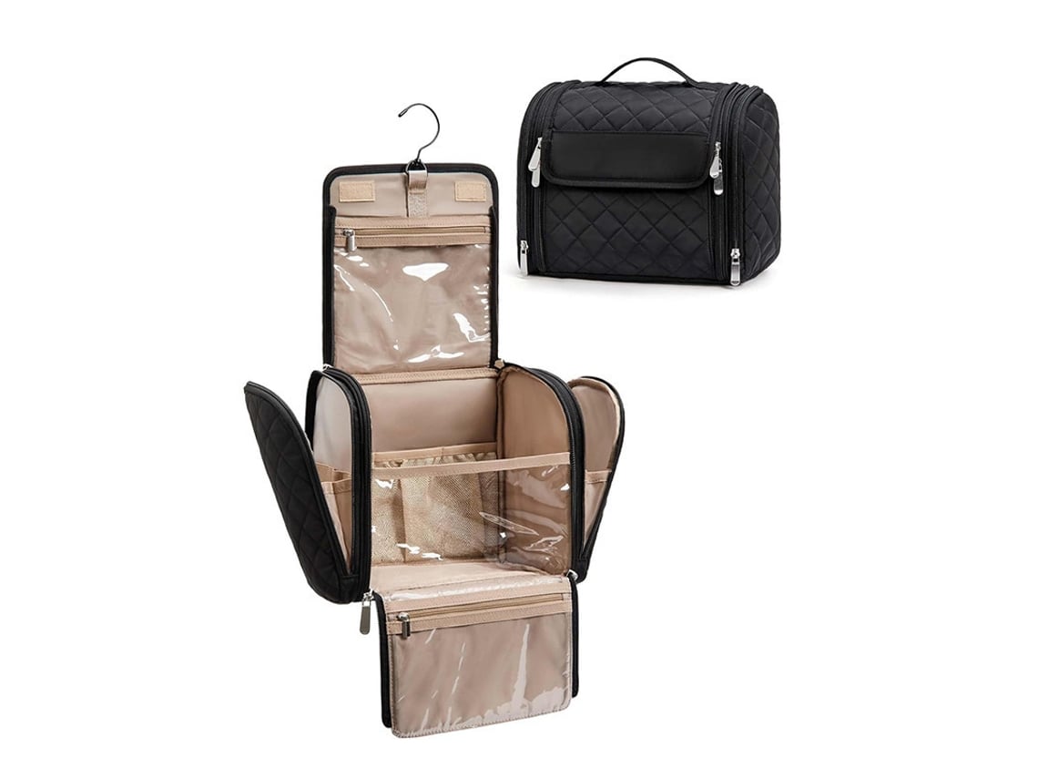 Neceser grande para mujer con gancho, compartimento impermeable para brocha y maquillaje - Negro