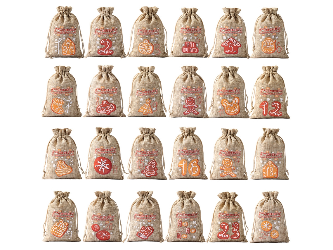 24 bolsas navideñas de yute con cordón, 5,5 x 4 pulgadas (06)