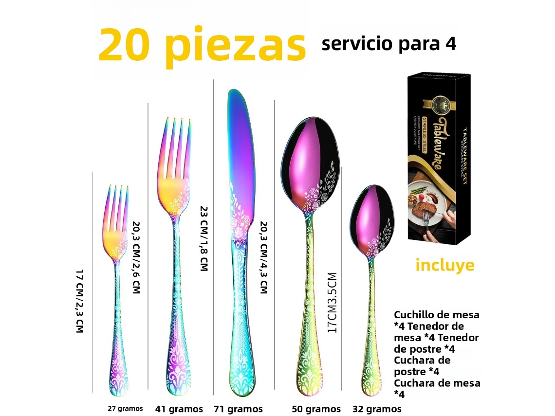 Juego de cubiertos de acero inoxidable de 20 piezas, incluye cuchillo, tenedor y cuchara. Mdug (colorido).