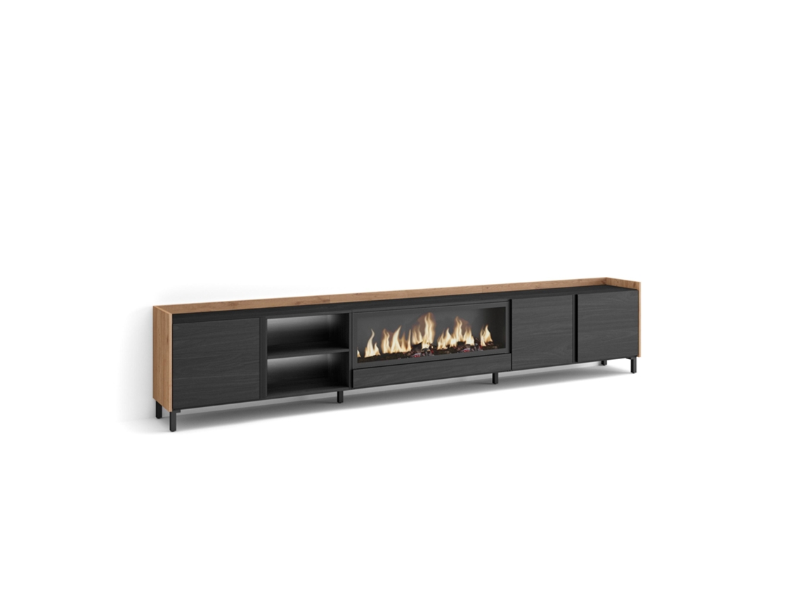 Mueble Tv, Televisión, 315x35x61cm, Para Tv Hasta 80", Chimenea Eléctrica Xxl, Diseño Industrial, Led, Negro Y Roble