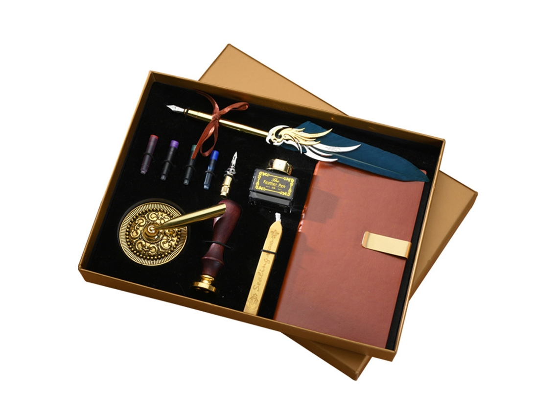 Configurar Pluma Pluma De Ave Con Tinta Y Libreta De Cuero Pu Para Caligrafía Vintage
