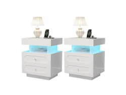Mesita De Noche Led Con 2 Cajones Y Compartimento, Blanca, 100x40x60cm