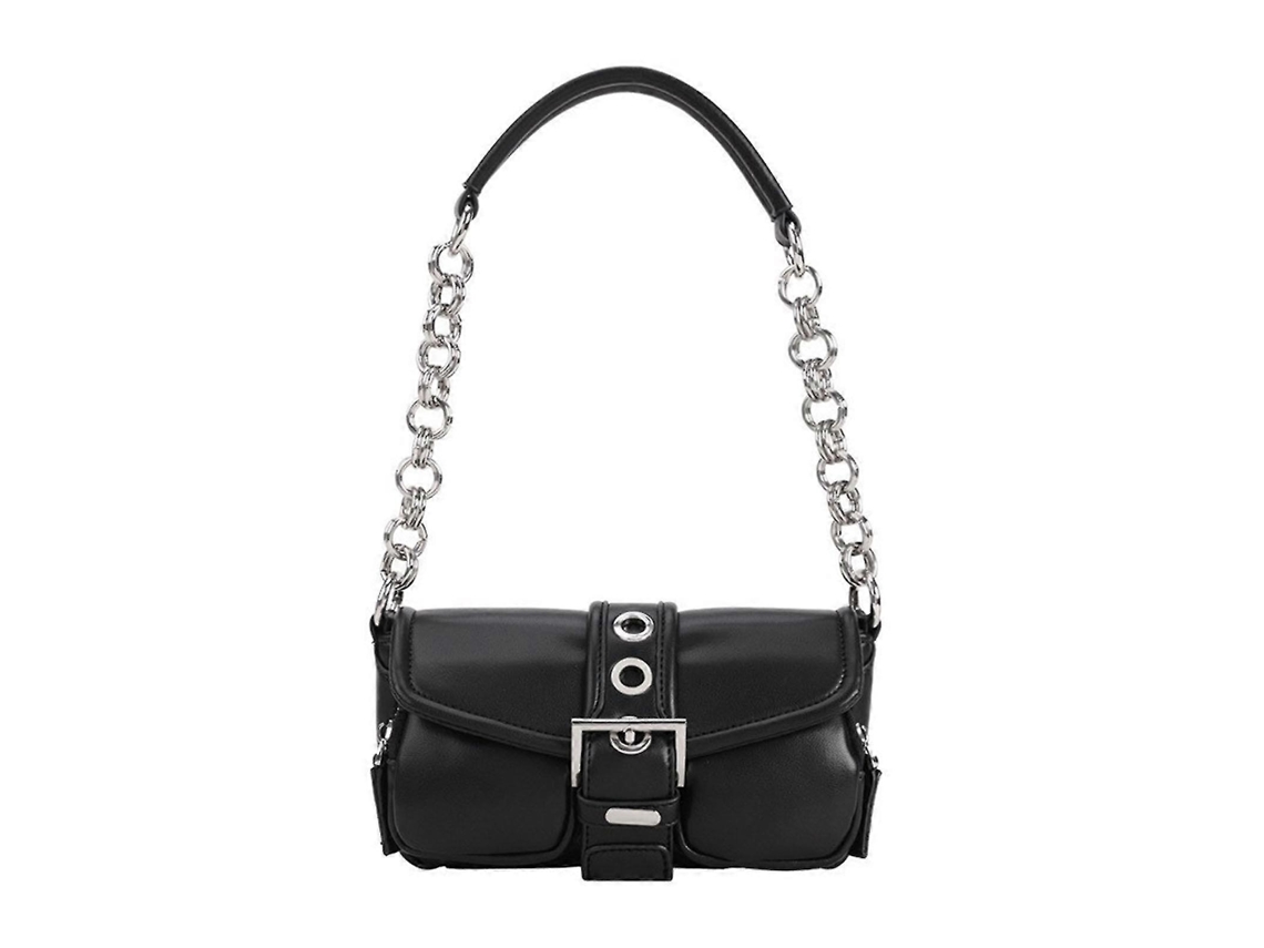 Bolso de hombro para mujer con cadena, moderno, color liso, piel sintética, bolso de brazo para mujer, negro