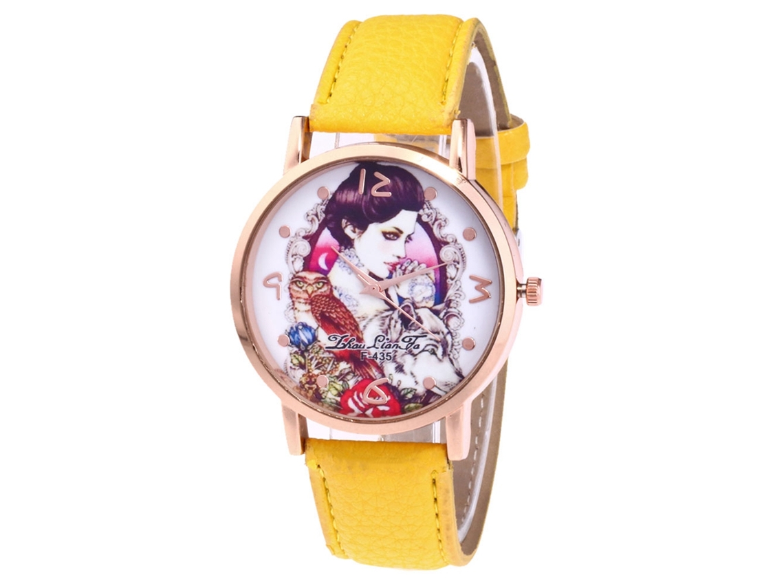 Reloj De Cuarzo Con Correa De Cuero Pu Moda Dial Redondo Unisex Amarillo