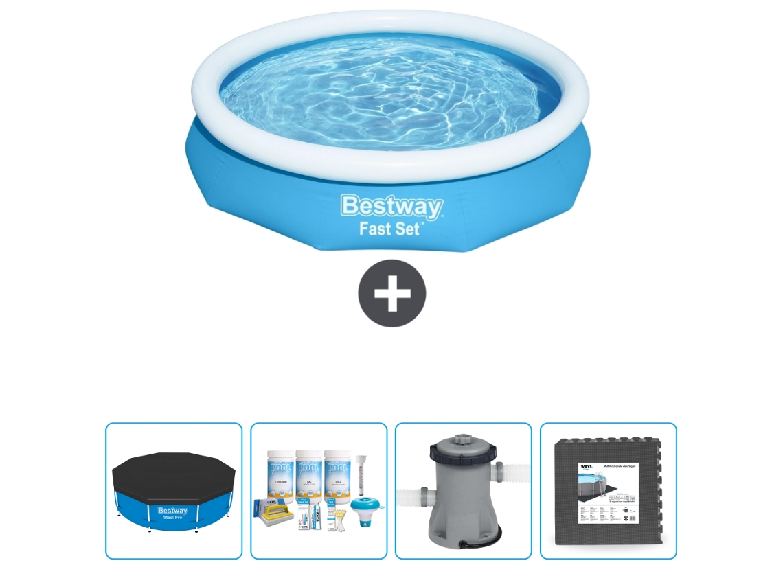 Piscina Hinchable Redonda Fast Set BESTWAY - 305 x 66 cm - Azul - Incluida Cubrir - Paquete de mantenimiento - Bomba - Baldosas