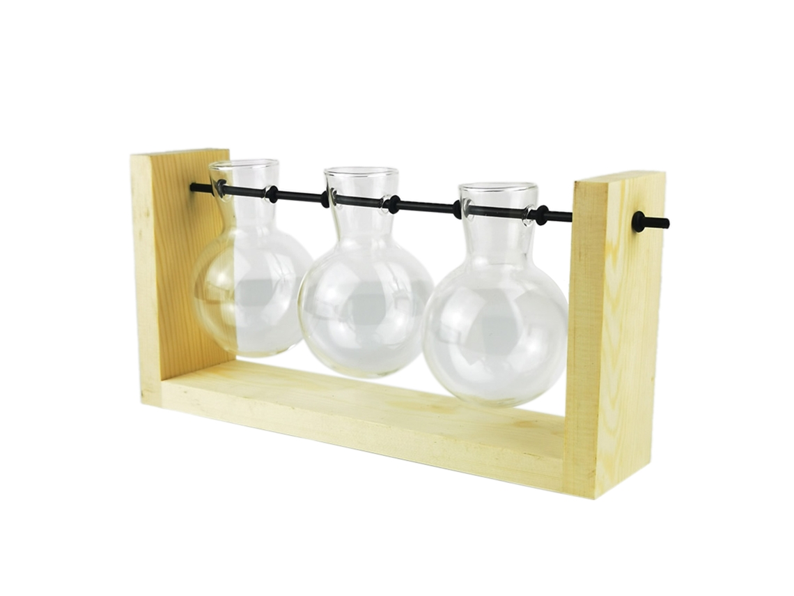 Baok - Jarrón hidropónico de vidrio sencillo con soporte de madera para plantas decorativas y terrarios.