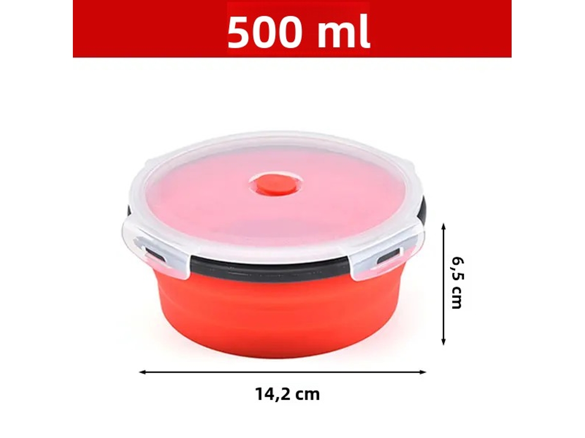 (rojo 500ml) Lonchera Redonda De Silicona, Plegable Con Tapa, Portátil, Apta Para Microondas.