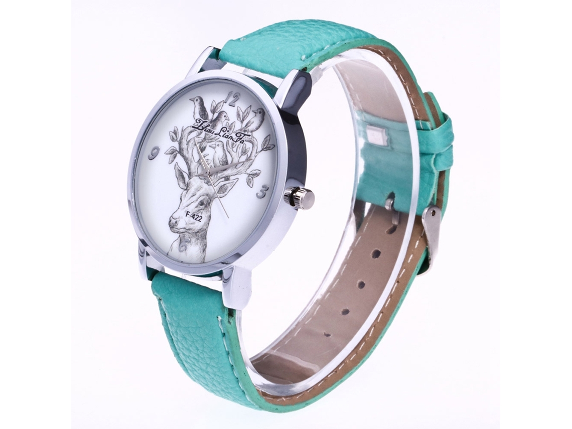 Reloj De Cuarzo Con Correa De Cuero Con Estampado De Cabeza De Ciervo Y Pájaro (verde Menta).
