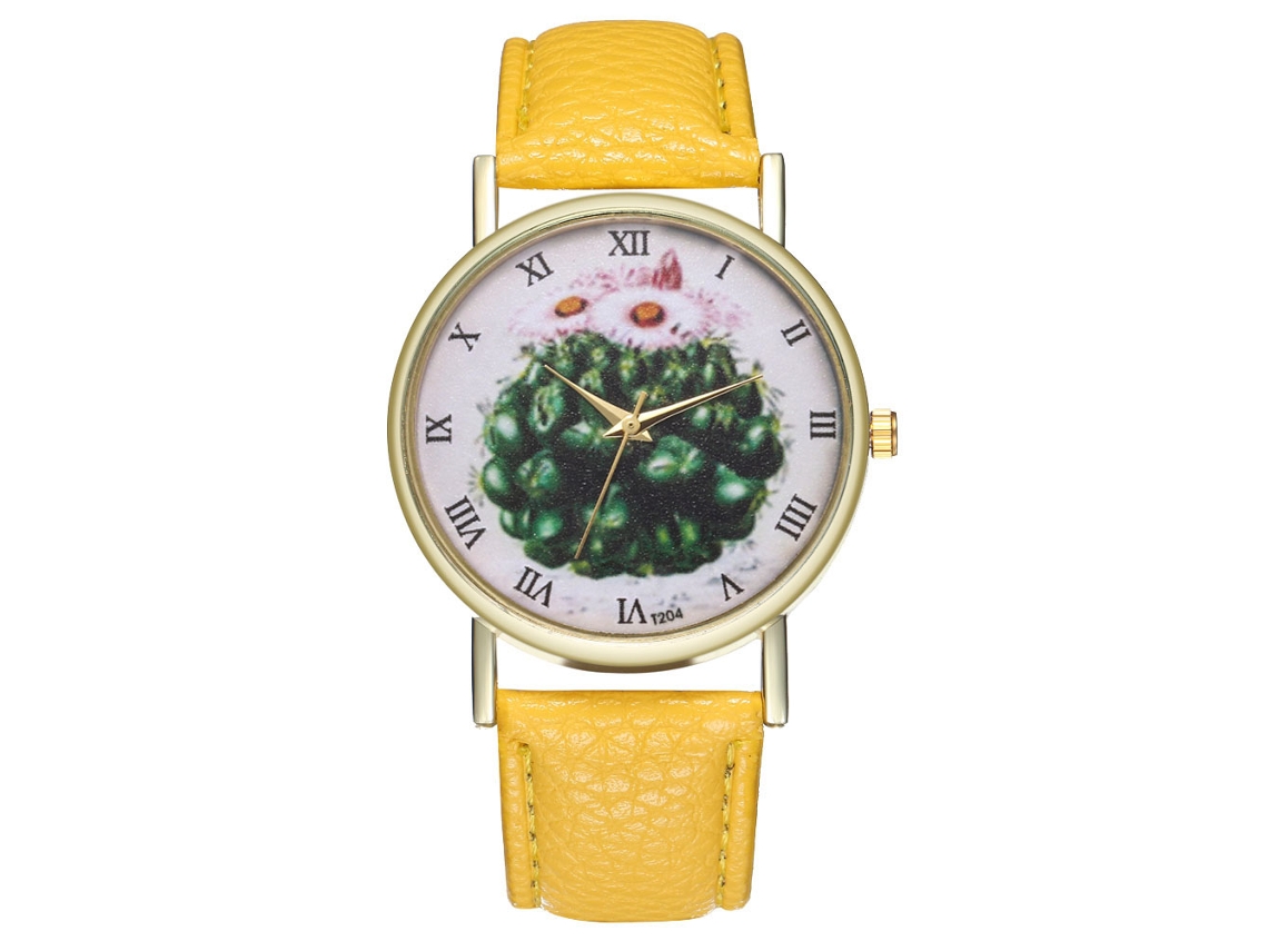 Reloj De Pulsera Unisex De Cuarzo Zhoulianfa Con Correa De Piel Sintética Con Estampado De Cactus Amarillo.