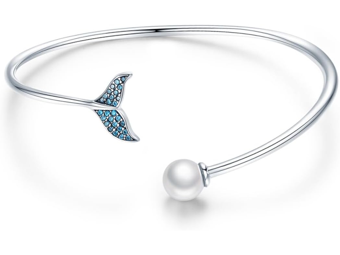 Pulsera Abierta Para Mujer En Plata De Ley 925 Con Diseño De Cola De Sirena Azul, Adorno Para La Mano