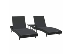 Conjunto de 3 chaise longues negros, 197 x 70 x 82 cm, mimbre, EXCLUSIVO DE LA CASA