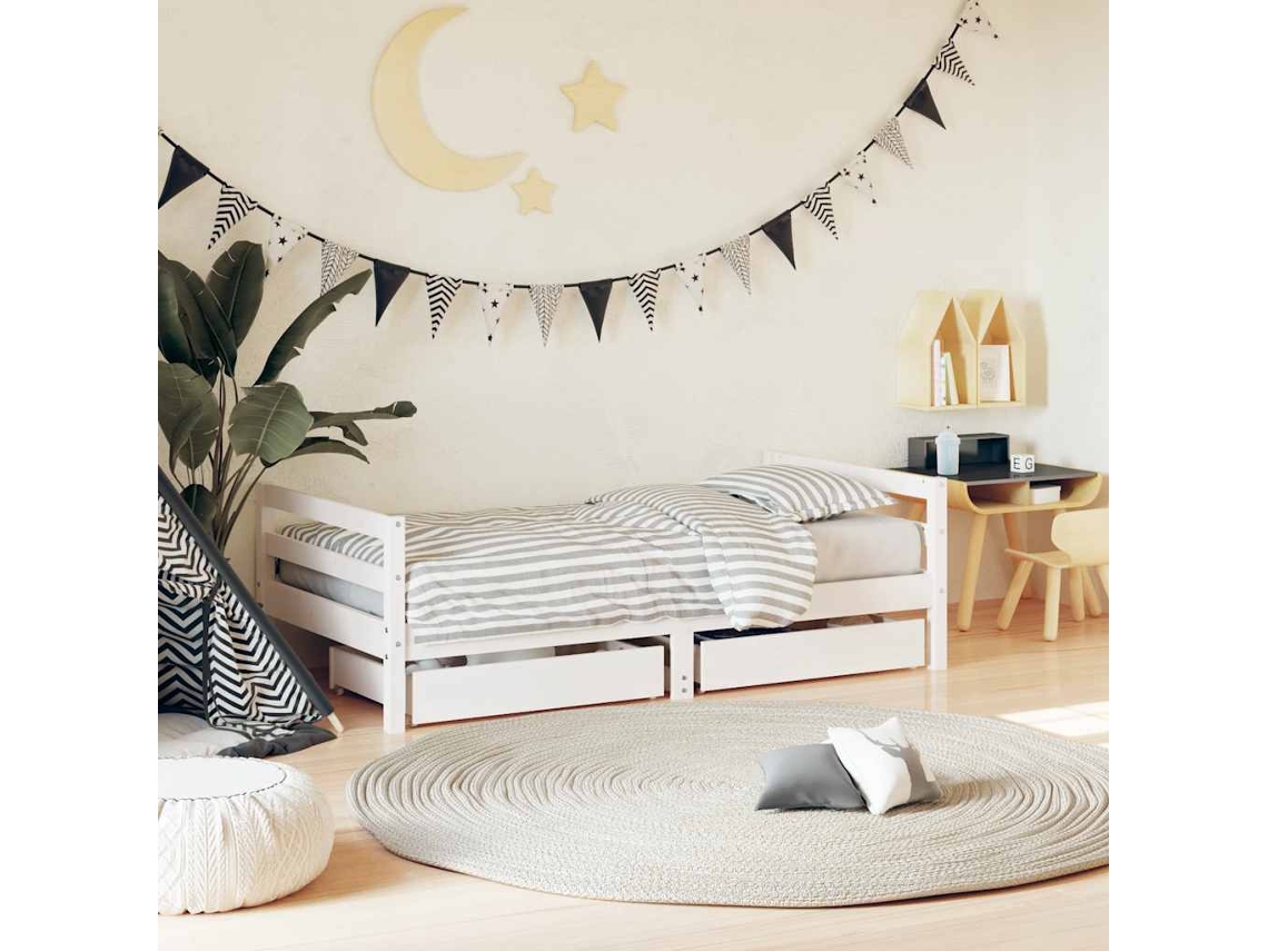 Cama Individual | Estructura Cama Infantil Y Cajones Madera Pino Blanco 80x160 Cm