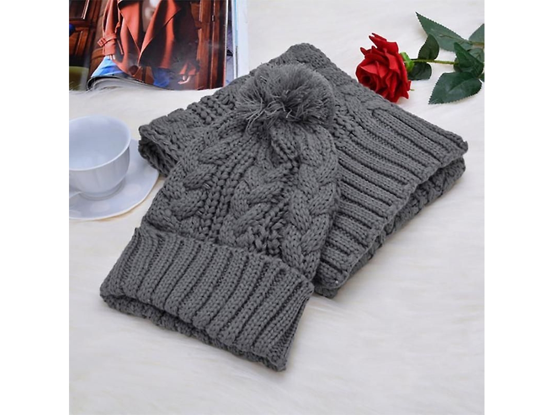 2026-set Gorro Pom Pom + Bufanda Larga Para Mujer Tejido Grueso Elástico