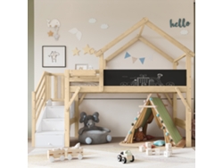 Cama Alta Infantil De 90x200 Cm, Madera Blanca, Con Dosel, Pizarra Y Escalera.