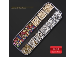 Accesorios para uñas decoradas con pedrería, cristales y apliques de pedrería.