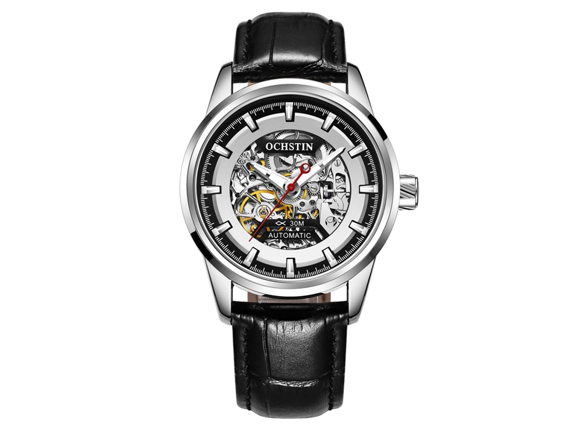 Reloj Mecánico Automático Para Hombre Ochstin En Piel Auténtica, Negro Y Plata.