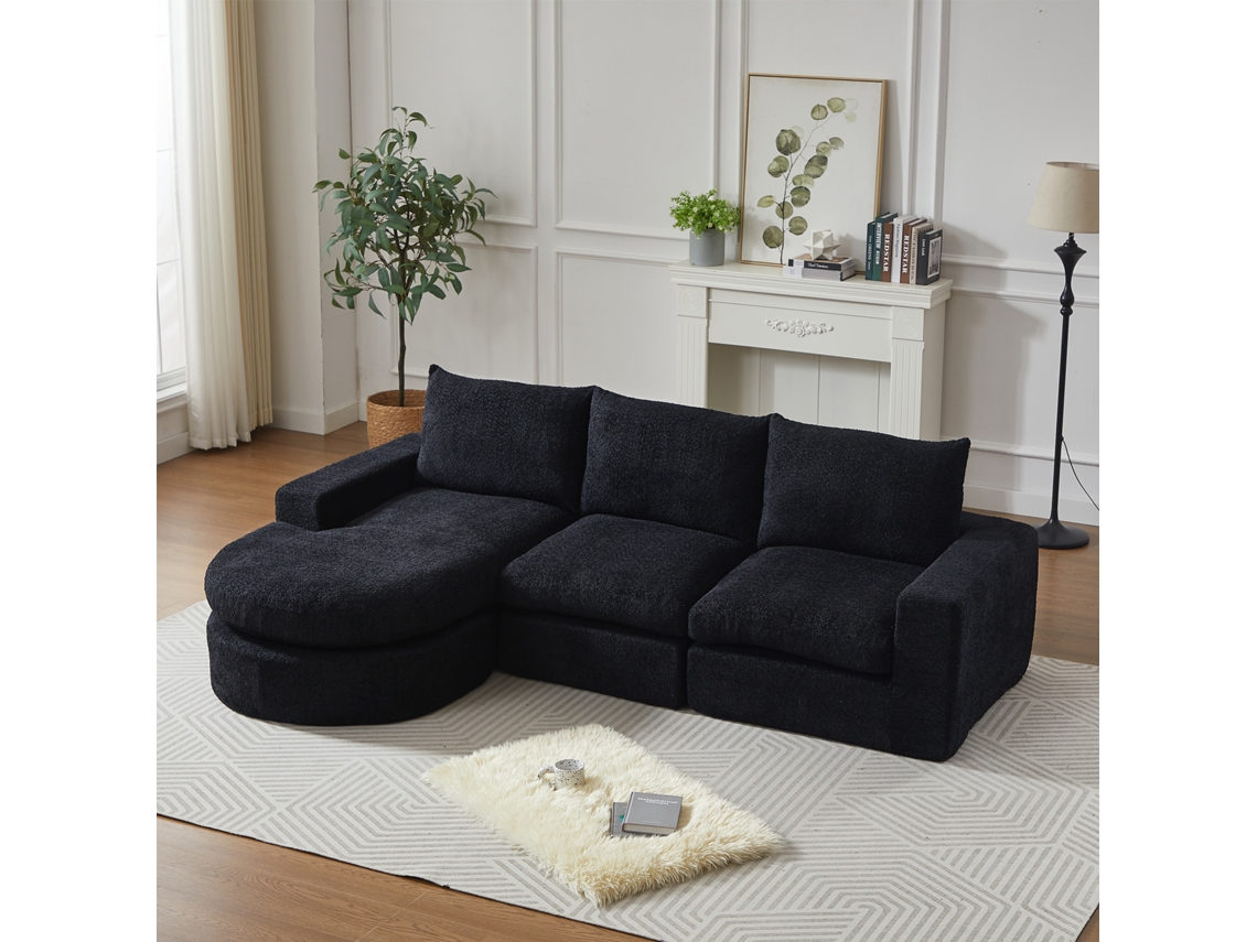Sofá em Chenille Comprimido com Chaise Longue em L, Sem Montagem, com Espuma Modular para Sala de Estar