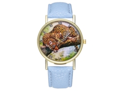 Reloj De Cuarzo Unisex Con Correa De Cuero Pu, Dial Leopardo, Azul Claro