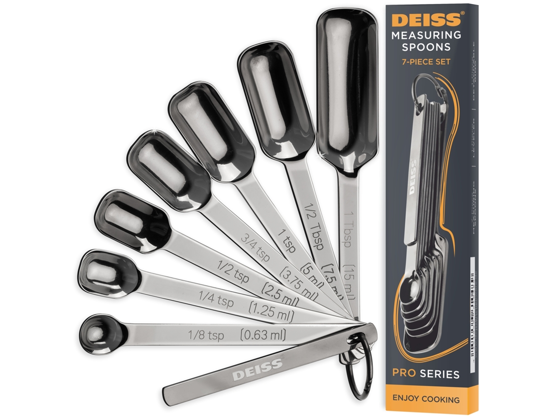Cucharas Medidoras Deiss PRO de Acero Inoxidable para Cocinar, para Especias, Ingredientes Secos o Líquidos - Juego de 7 Cucharas Medidoras Ajustables