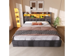 Cama Doble De 140x200 Cm En Lino Gris Con Almacenamiento Hidráulico, Led, 4 Puertos Usb-c Y Somier De Láminas, Sin Colchón