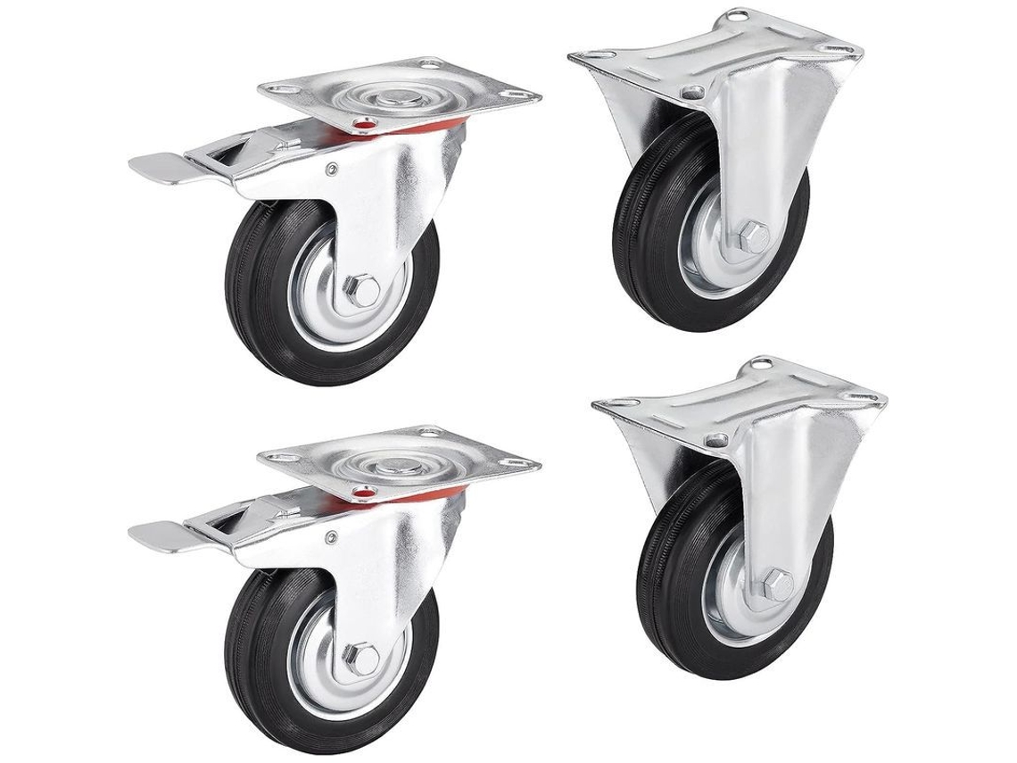 Set De 4 Ruedas Robustas Ø75mm 2 Fijas 2 Giros Con Freno Altura 96mm Placa 80x67mm