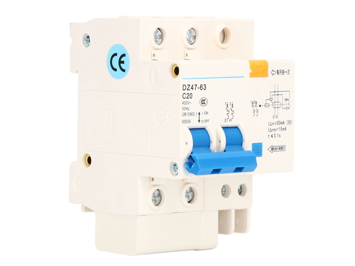 Disyuntor Miniatura Bipolar Con Aislamiento De Corriente Residual, 400 V 20 A, Montaje En Carril Din 6000 A.