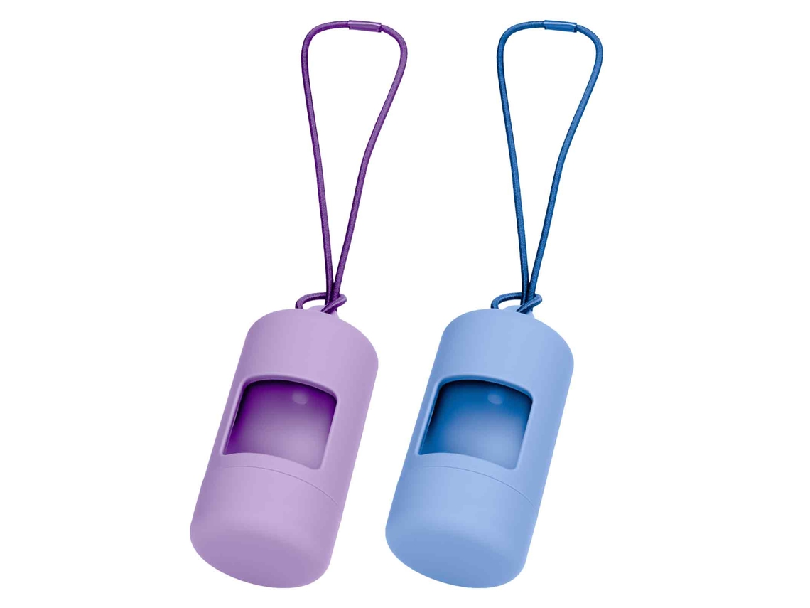JILLIOPER Portabolsas para Caca de Perro, 2 Unidades Dispensador con Correa Elástica, Portátil Ligero de Plástico, Azul Claro y Morado