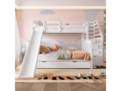 Cama Literas 90x200 Sobre 140x200 - Con Cajones, Almacenamiento Y Tobogán - Blanco