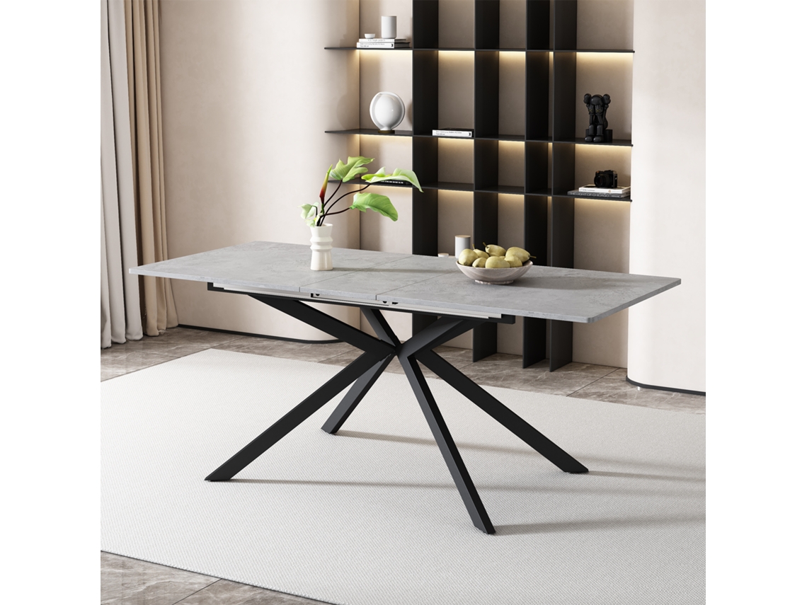 Mesa De Comedor Expandible Automática, Mesa Rectangular Para Comedor Y Café, Estructura De Patas Cruzadas, Acabado Cemento Negro Y Gris