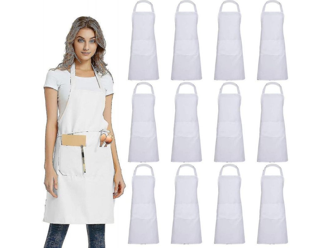 Rebe-delantal De Cocina Sin Estampado Con 2 Bolsillos, 12 Unidades, Negros, Unisex, Resistente, Ligero, 76x64cm, Lavable A Máquina Blanco