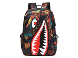 Mochila infantil con estampado de tiburón y puerto USB, marrón, Hexinyigjly