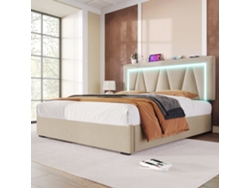 Cama Doble 160x200 - Cama Juvenil Con Usb Tipo C Y Luz Led - Estructura De Lino - Gris