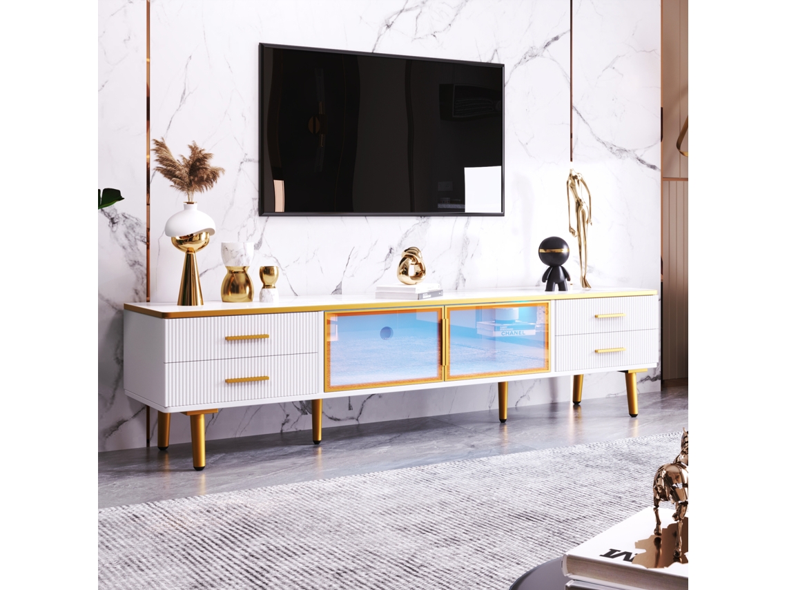Mueble Para Tv De Mármol 170 Cm, Iluminación Led, 4 Cajones, 2 Puertas De Cristal Templado Marrón, Para Salón O Dormitorio, Blanco