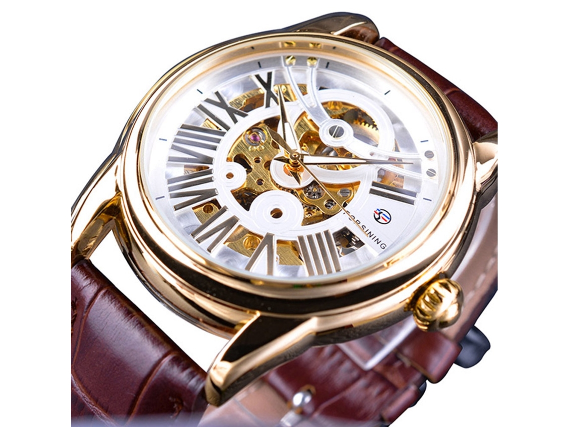 Reloj Mecánico Hollow Hombre De Cuero Pu Marrón Dial Blanco Caja Dorada Impermeable