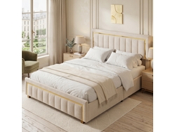 Cama Tapizada 140x200 Cm, Cama De Matrimonio Con Canapé Abatible Hidráulico, Estructura De Cama En Terciopelo Y Detalles Dorados, Beige