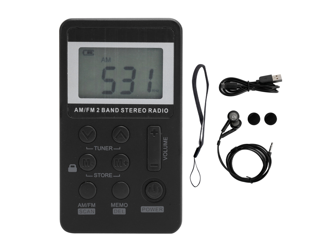 Radio Estéreo Portátil Qqt103 Fm/am Con Pantalla Lcd Y Mini Auriculares Profesionales Negros.