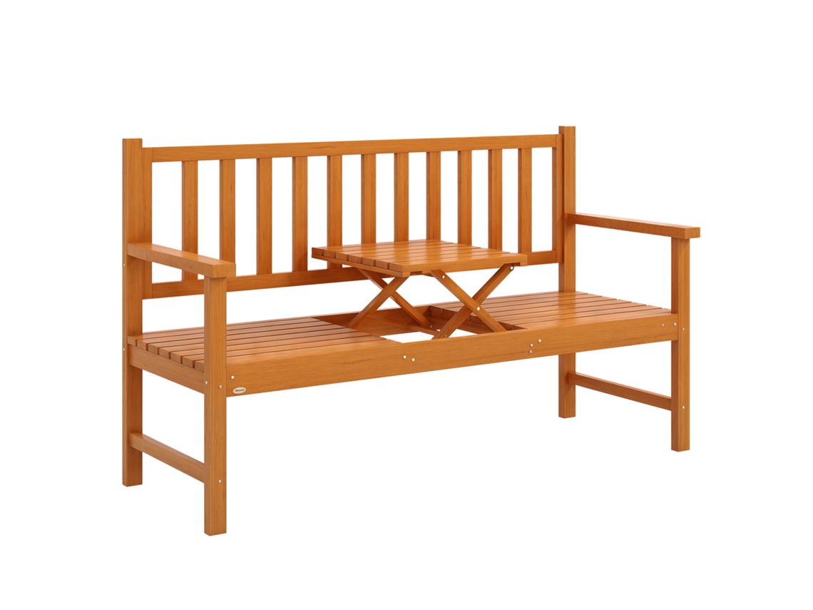 Banco de jardín de madera con mesa central plegable, banco resistente para exteriores, ideal para patio o jardín, color marrón claro.